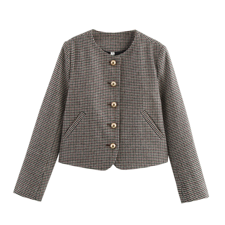 Dam figursydd kort jacka i houndstooth mönster med golden decorative knappar och angled fickor