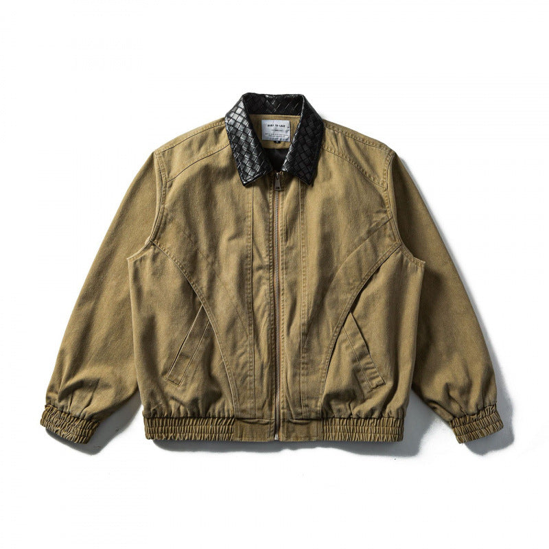 Herr boxig Denim Blouson Jacka med quiltad Läder Krage och elastiska muddar