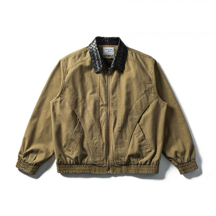 Herr boxig Denim Blouson Jacka med quiltad Läder Krage och elastiska muddar