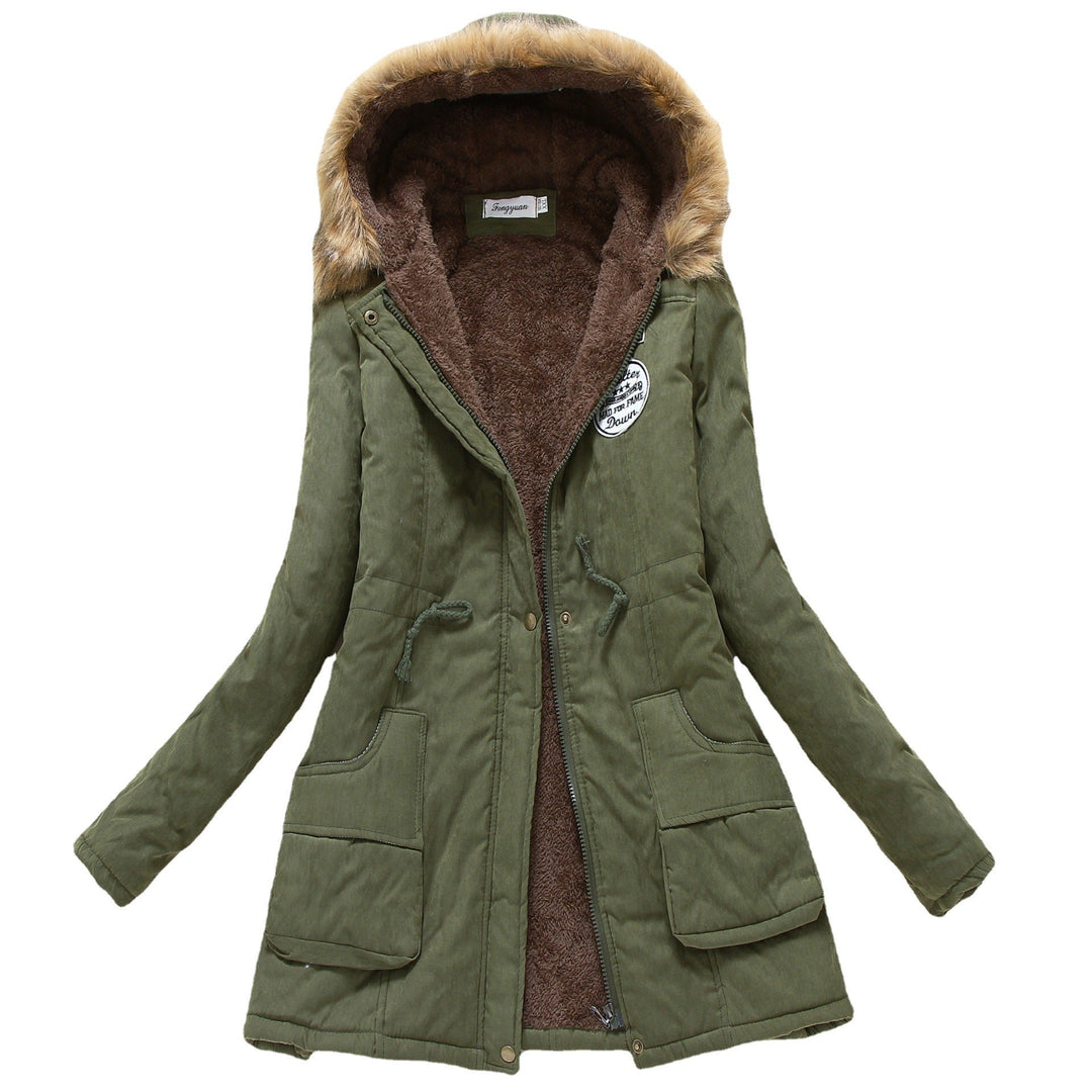 Dam vadderad vinter parka med mjuk fleece innerfoder, huva kant tillverkad av faux fur och adjustable drawstring