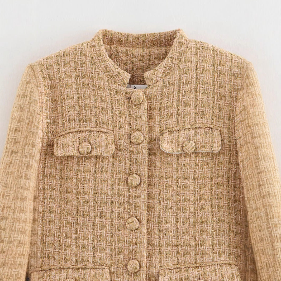 Dam figurnära bouclé tweed jacka med ståkrage och four decorative fickor