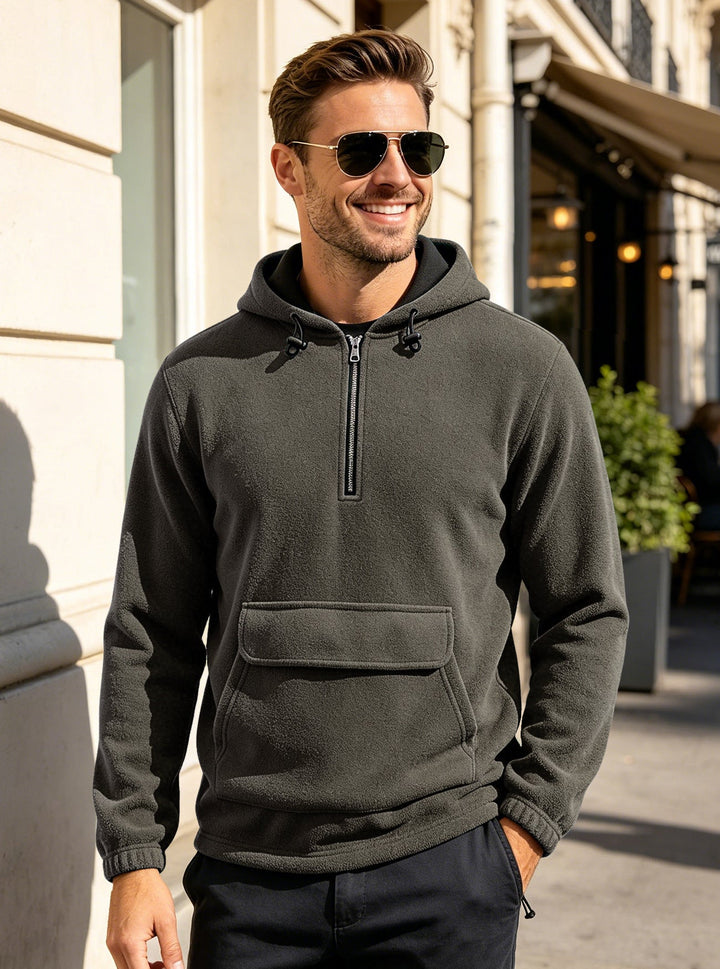 Herr Fleece Luvtröja med Halv Dragkedja, Känguruficka, och Adjustable Huva