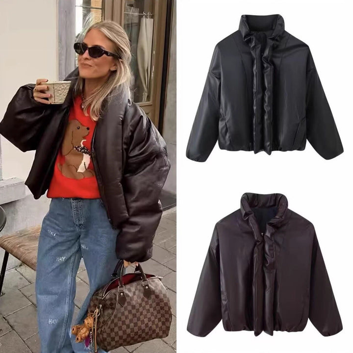 Dam Oversized Konstläder Blouson med Voluminous Ståkrage och Elastic Fåll
