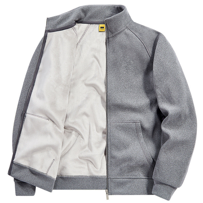 Herr Insulated Plush Fodrad Sweat Jacka med Stående Krage och Dold Inre Fickor