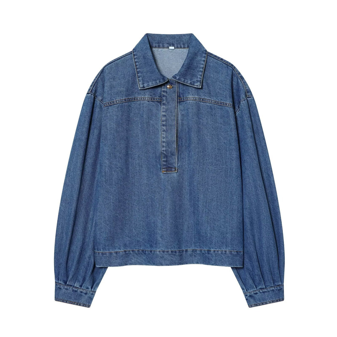 Dam oversize denim Pullover jacka med Half Placket