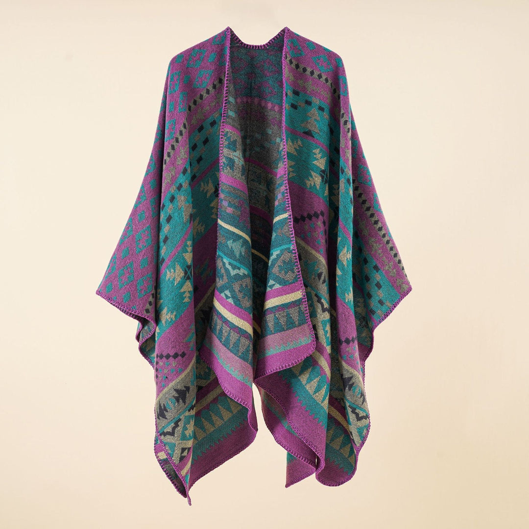 Dam coarse woven ethnic poncho med fringes