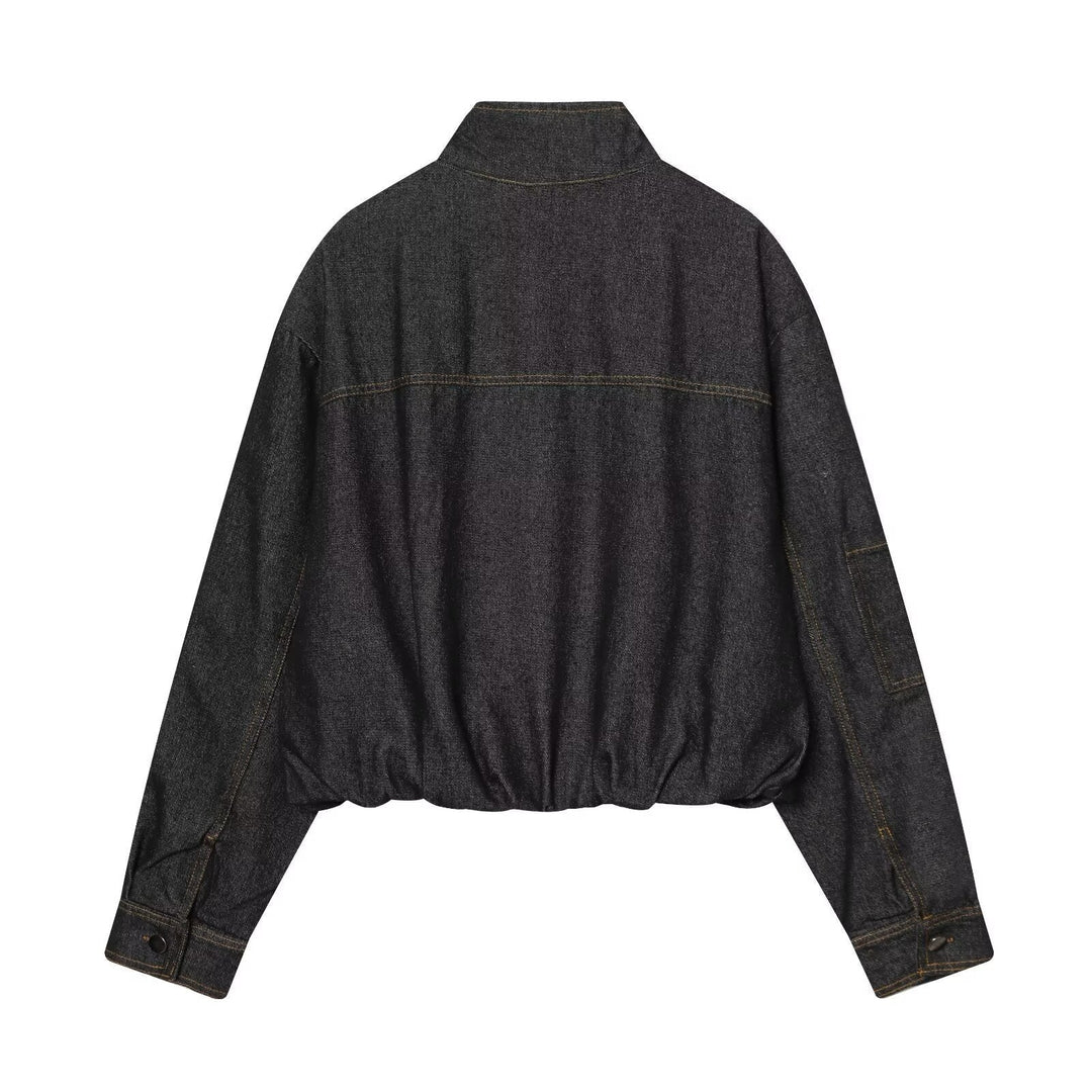 Dam Kort Jeans-Utility-Jacka med Dragkedja, Stå Krage och Elastic Nederkant