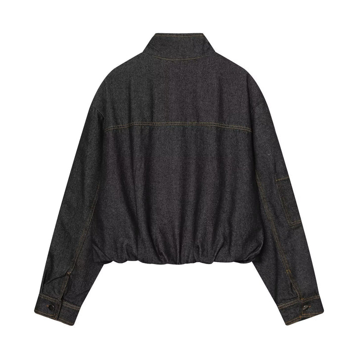 Dam Kort Jeans-Utility-Jacka med Dragkedja, Stå Krage och Elastic Nederkant