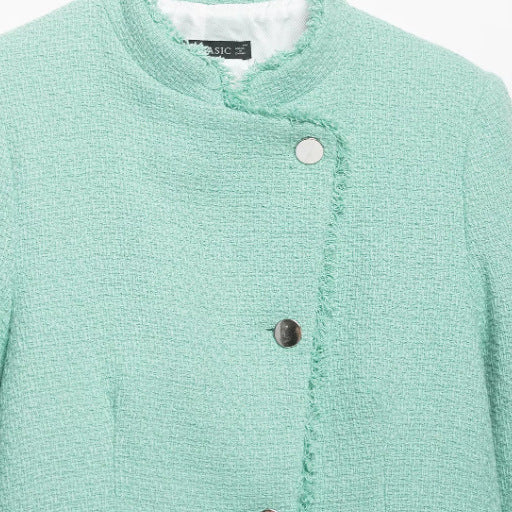 Dam Kort Boucléjacka med Asymmetrisk Knapp Knäppning och Fringe Nederkant
