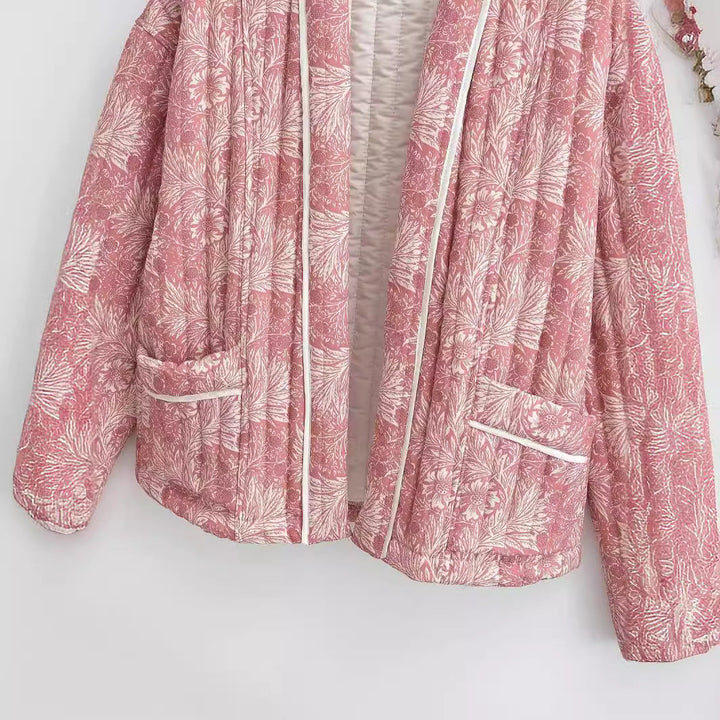 Dam lätt kviltad jacka in Kimono stil med blommig Block tryck och kontrast Piping