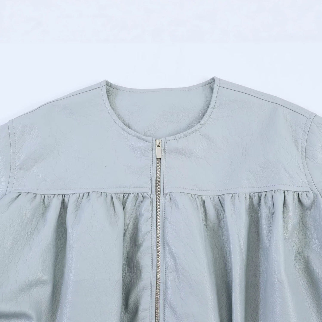 Dam Oversized Konstläder Jacka med Round Neck, Gathered Yoke och Balloon Ärmar