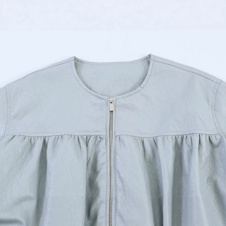 Dam Oversized Konstläder Jacka med Round Neck, Gathered Yoke och Balloon Ärmar