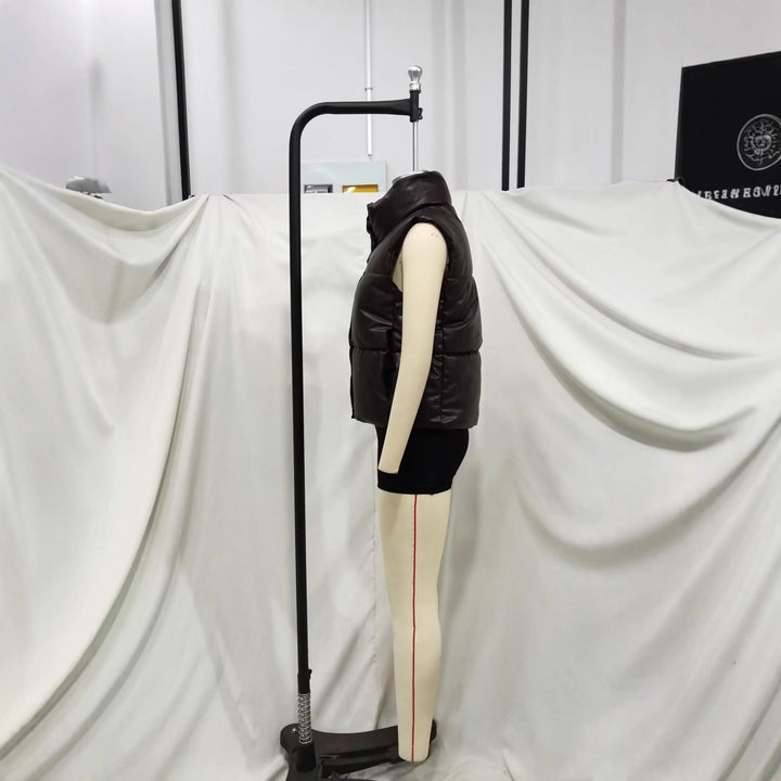 Dam vadderad konstläder väst med high ståkrage, snap knäppning och waist drawstring