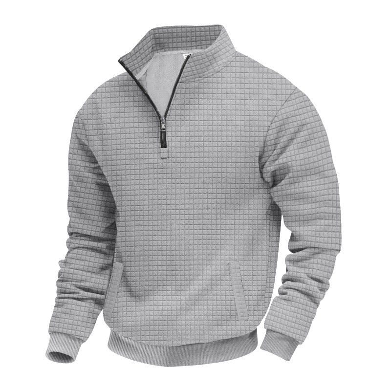 Herr Waffle Texture Halv Dragkedja Pullover med Ståkrage och Subtle Sidofickor