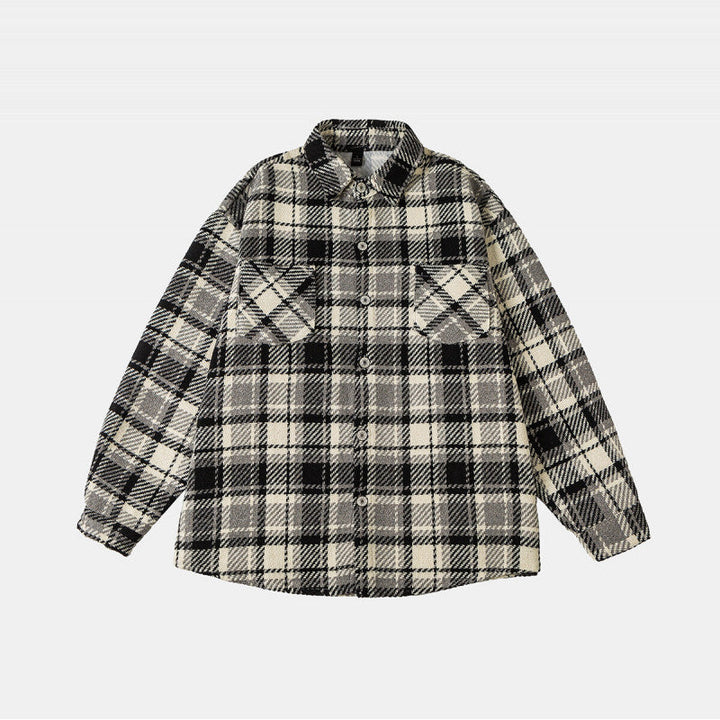 Unisex Rutig Overshirt Jacka i Shacket Stil med Patched Bröst Fickor och Avslappnad Oversized Passform