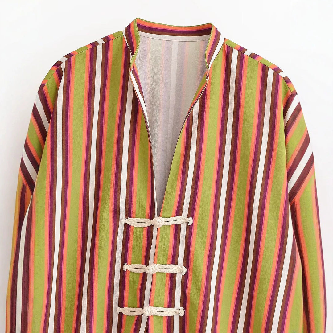 Dam Randig Kimono Jacka med Kort Trumpet Ärmar och Dekorativ Knot Closures