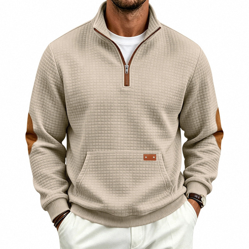 Herr Quiltad Structure Pullover med Halv Dragkedja, Elbow Lappar, och Känguruficka