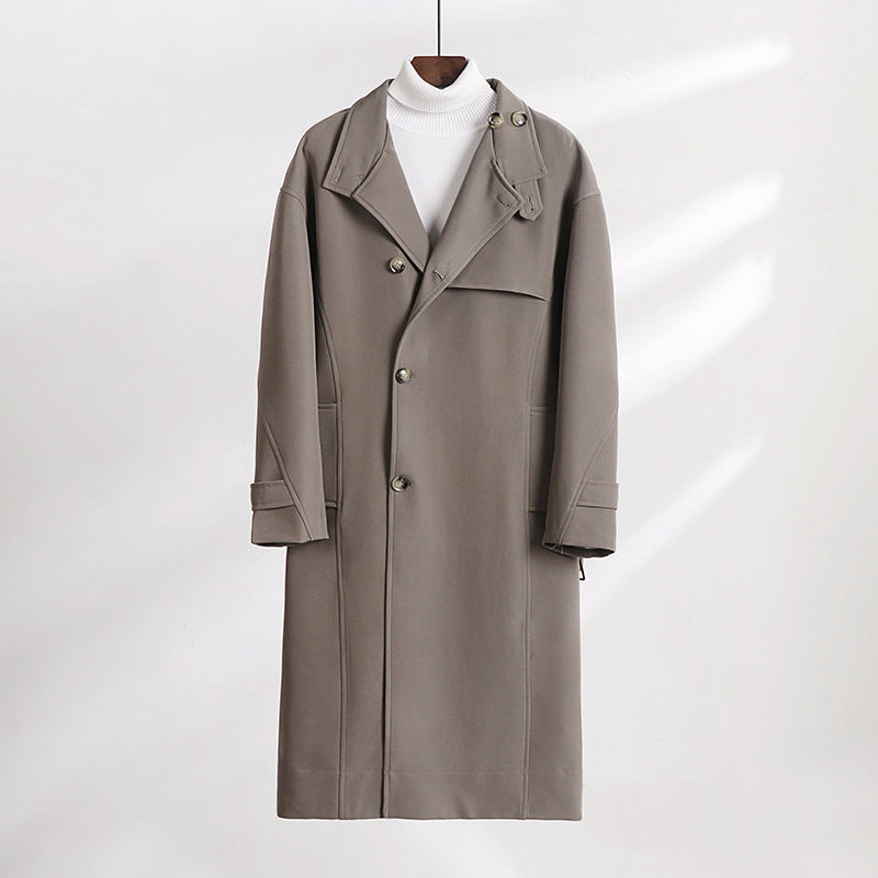 Herr Lång-Skärning Minimalistisk Trench Kappa med Sjalkrage Krage och Justerbar Ärm Remmar