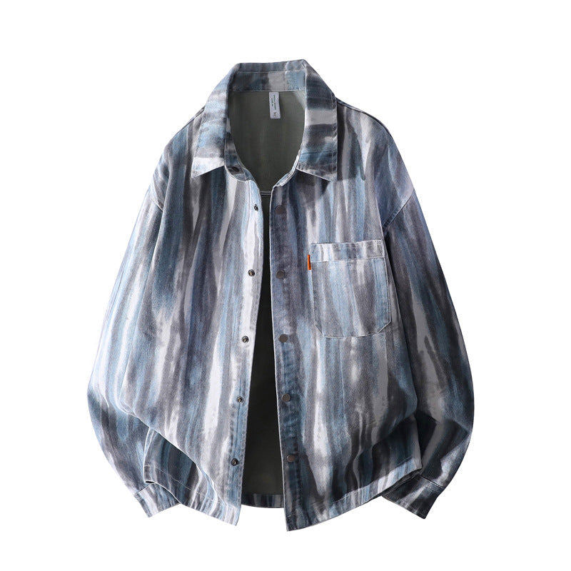 Herr Oversized Skjortjacka i Watercolor Rand Look med Breast Ficka &amp; Mjuk Bomullsblandning
