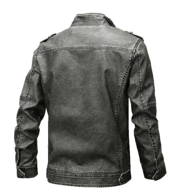 Herr vintage-inspired bikerjacka i läderlook med funktion fickor och ståkrage