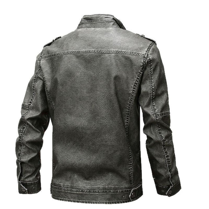 Herr vintage-inspired bikerjacka i läderlook med funktion fickor och ståkrage