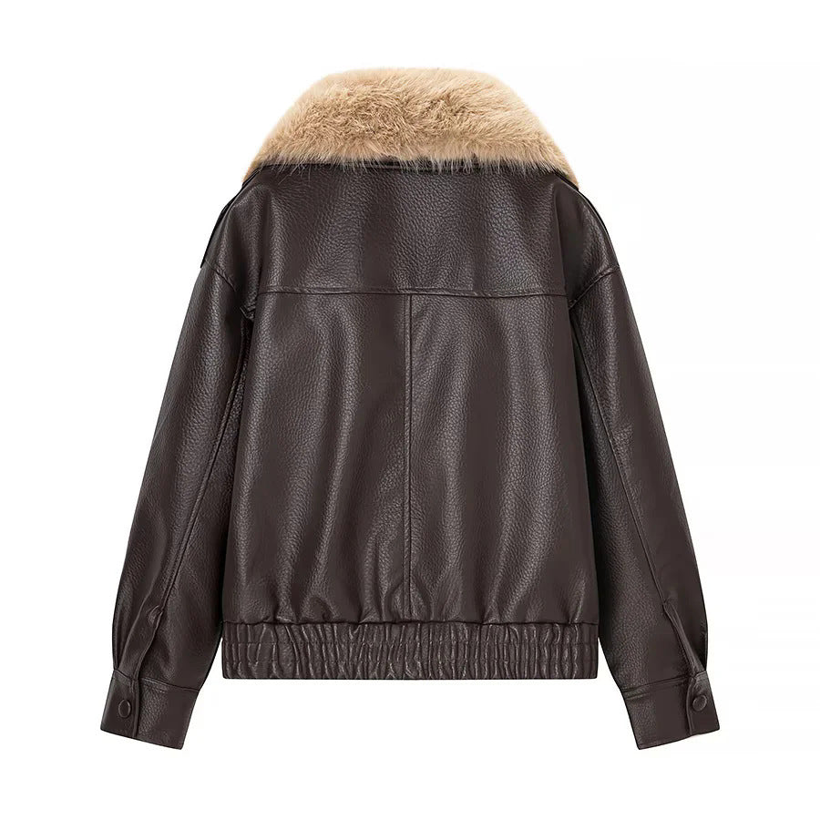 Dam kort-skärning syntetläder blouson med voluminous faux fur sjalkrage