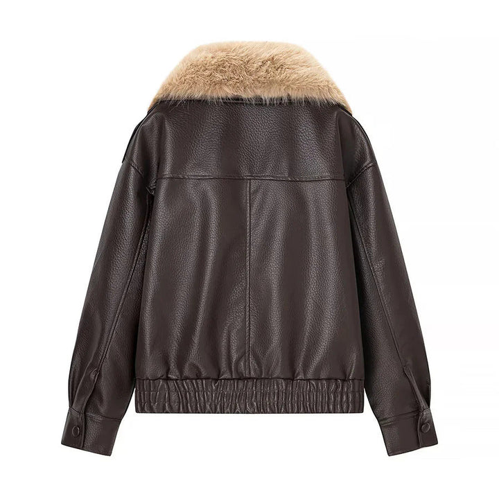 Dam kort-skärning syntetläder blouson med voluminous faux fur sjalkrage