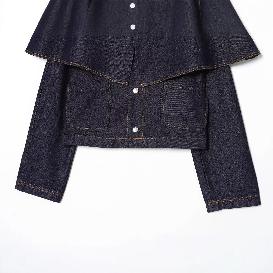 Dam kort jeans jacka med Cape Insert, Flap fickor och tryckknappar