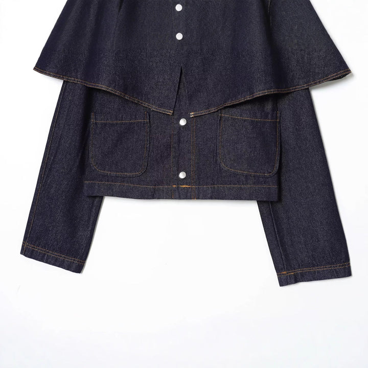 Dam kort jeans jacka med Cape Insert, Flap fickor och tryckknappar