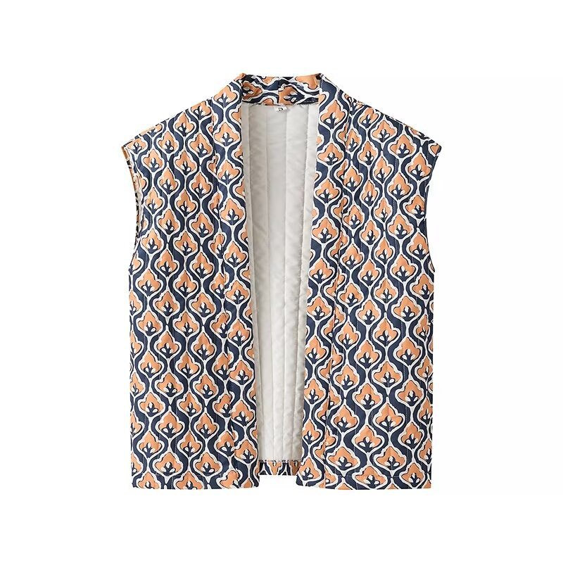 Dam non-quiltad sleeveless väst med open kimono front och decorative alla-över mönster