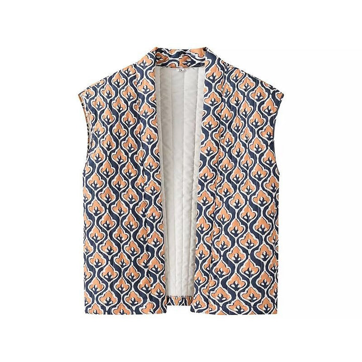 Dam non-quiltad sleeveless väst med open kimono front och decorative alla-över mönster