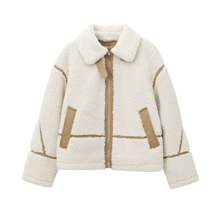 Dam kort jacka in aviator stil med teddyfoder, konstläder trim och asymmetrisk dragkedja