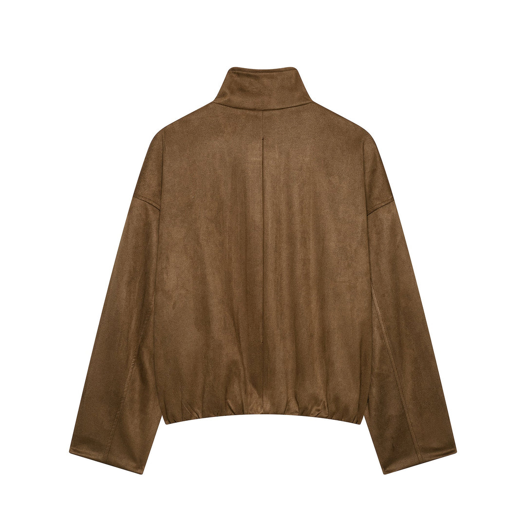 Dam Kort Suede Look Fältjacka med Stå Krage, Lock Fickor och Epaulettes