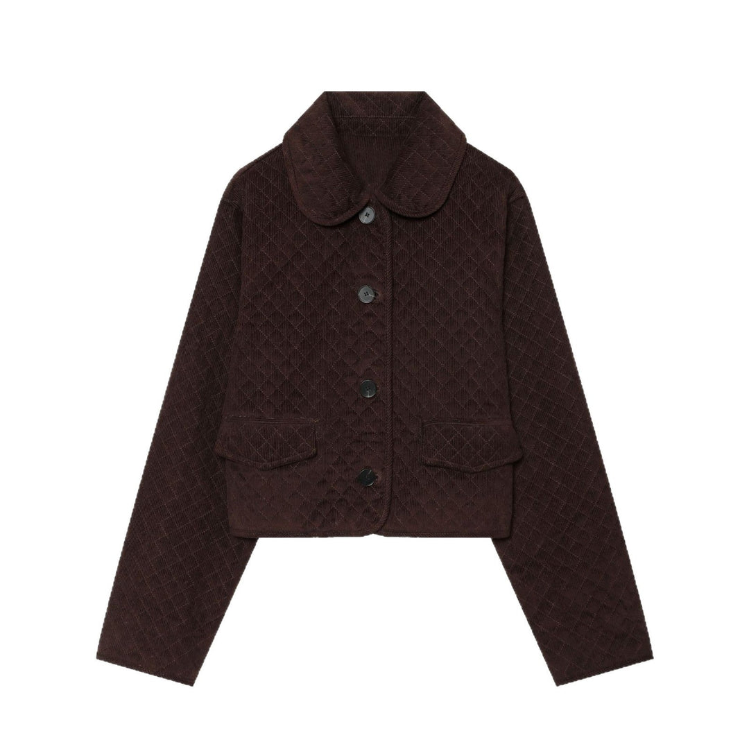 Dam Kort Quiltad Cord Jacka med Rounded Krage och Lock Fickor