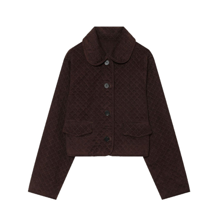 Dam Kort Quiltad Cord Jacka med Rounded Krage och Lock Fickor