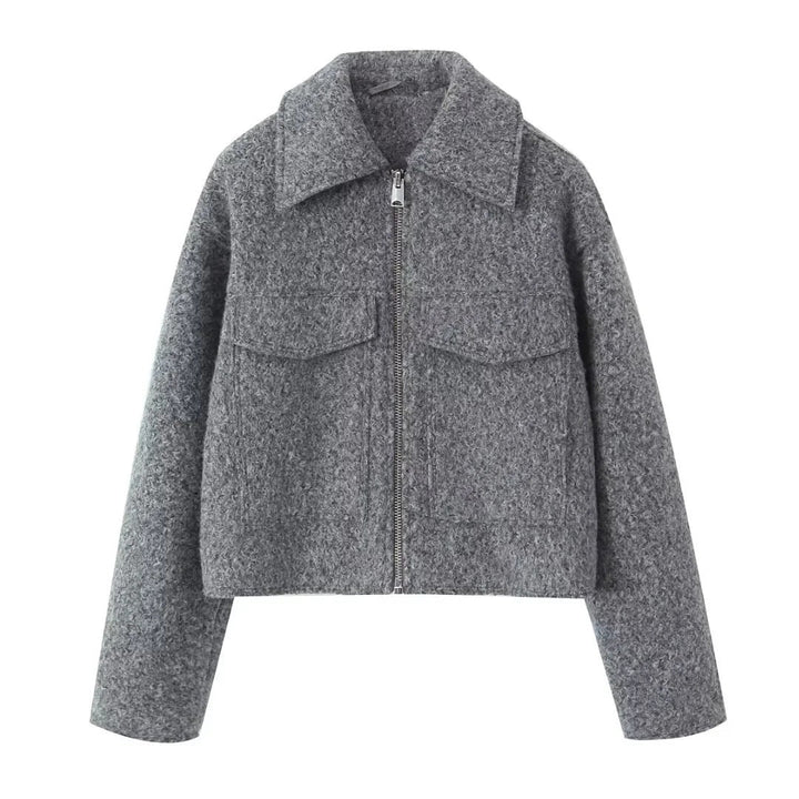 Dam kort jacka gjord bouclé ullblandning med dragkedja, skjortkrage och chest flap fickor