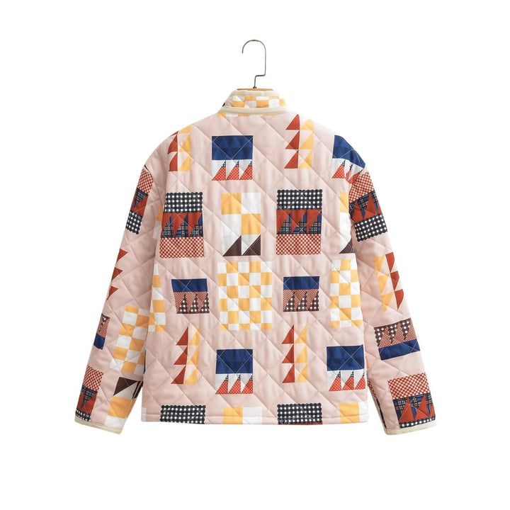 Dam quiltad patchwork jacka med ståkrage och flap fickor