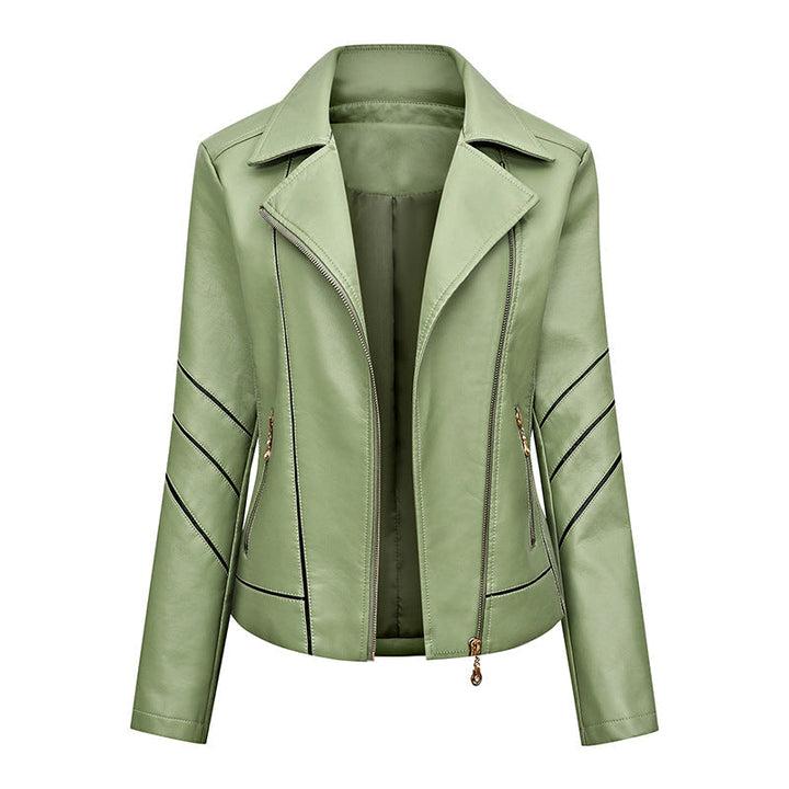 Dam Tailored Faux Läder Bikerjacka med Asymmetrisk Dekorativ Seams och Dragkedja Fickor