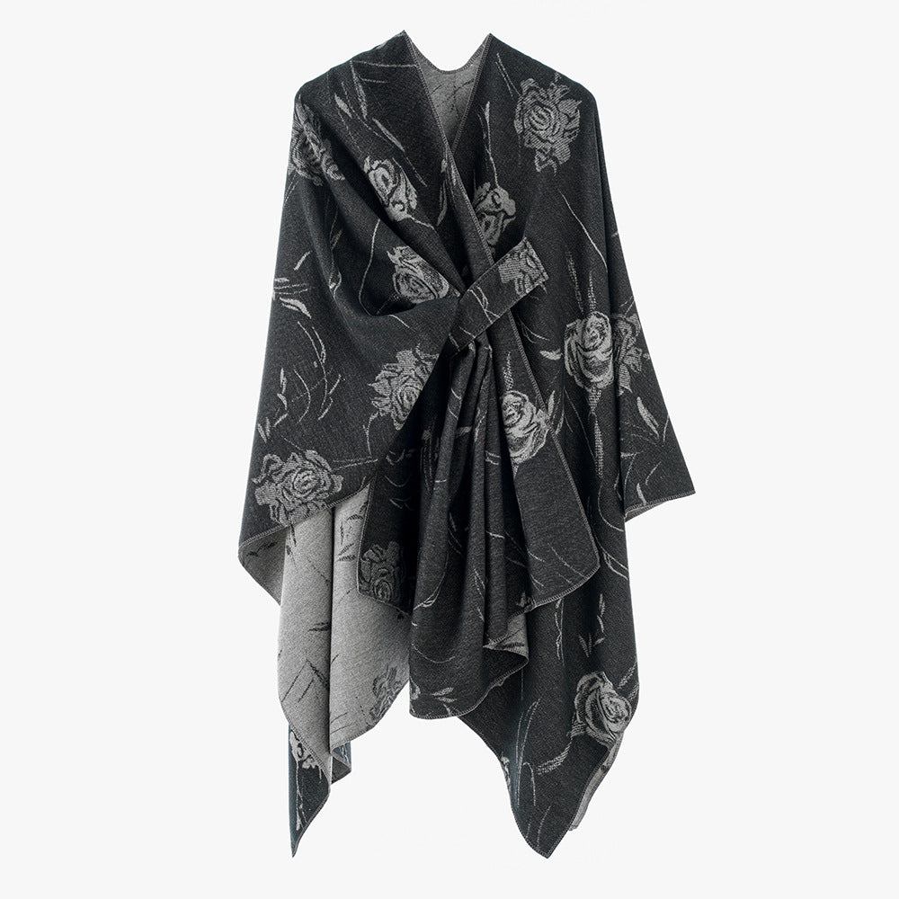 Dam Reversible capeponcho med Rose Jacquard och Tie bälte