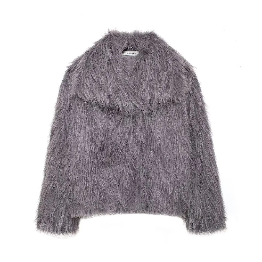 Dam cropped oversized faux pälsjacka med voluminous sjalkrage och inner värmefoder