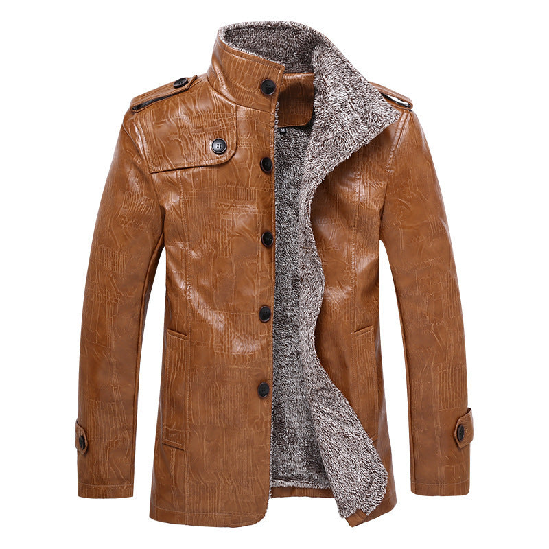Herr Texturerad Konstläder Midlayer Jacka med Teddy Fleecefoder, Ståkrage och Axel Patches