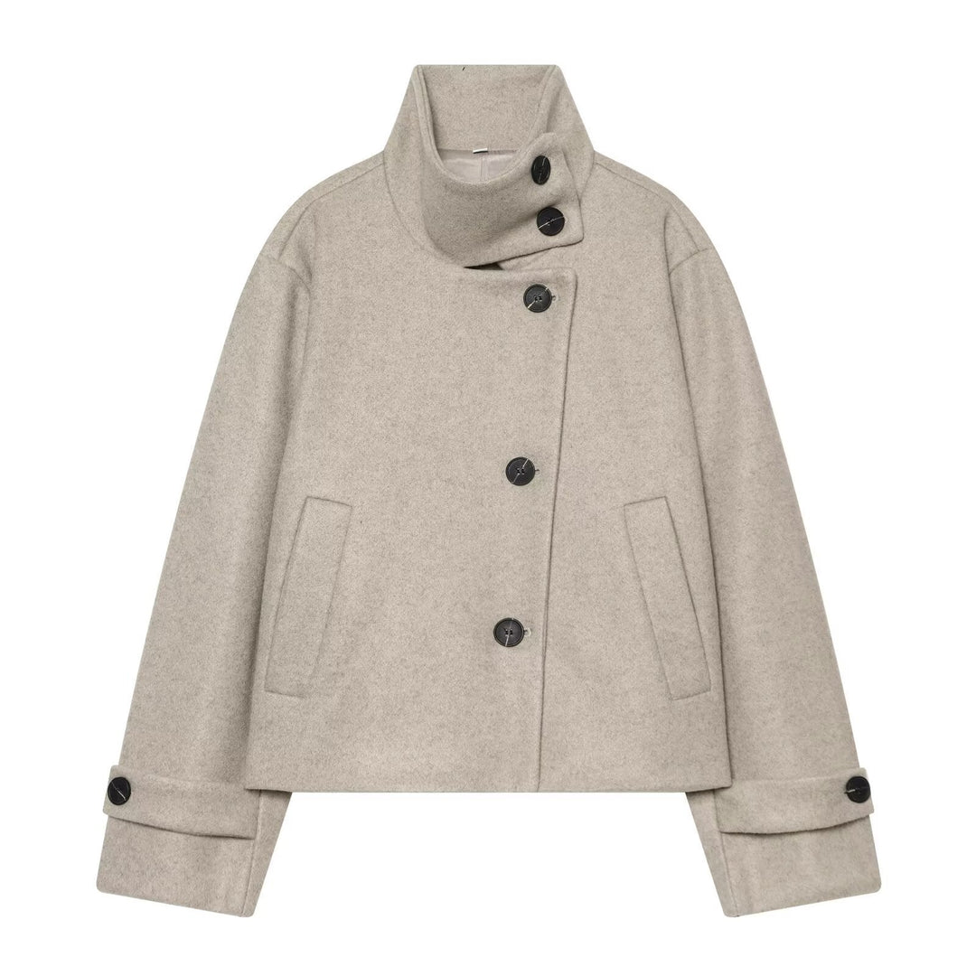 Dam Kort Ull Blouson Kappa med Hög Stå Krage och Knapp Knäppning