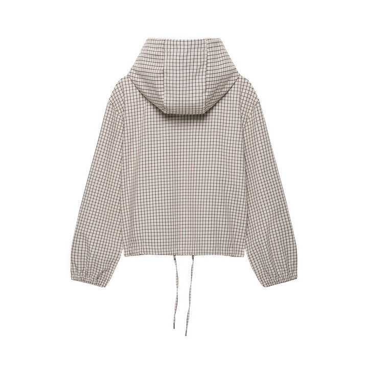Dam Rutig Kort Jacka med Huva, Drawstring och Dragkedja