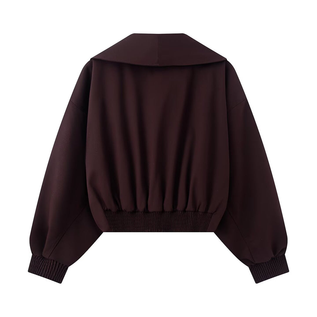 Dam Kort Oversize Jacka med Wide Shawl Krage, Balloon Ärmar, och Waist Strap