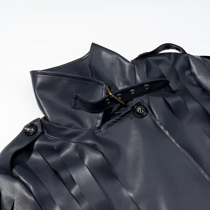 Dam konstläder Fringe Blouson med ståkrage och midjebälte