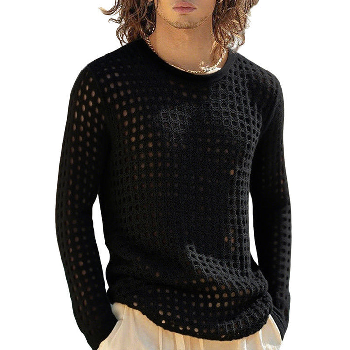 Herr Airy Openwork Stickad Tröja med Square Mesh Mönster och Crew Neck
