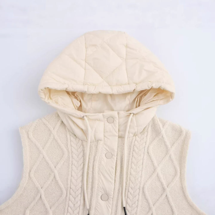 Dam Sleeveless Stickad Väst med Quiltad Huva och Tryckknapp Knapp Knäppning