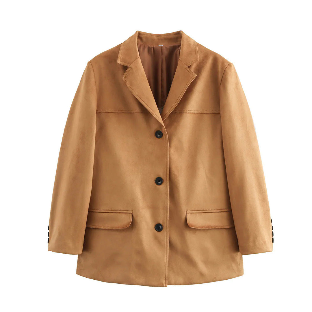 Dam cropped mocka blazer med lapel krage och påsydda fickor