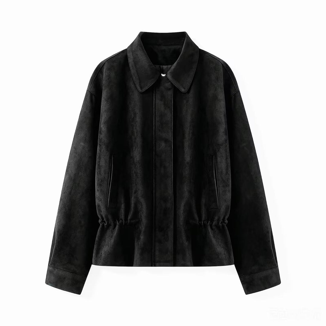 Dam Boxig Blouson Jacka Tillverkad av Suede-Like Material med Tailoring Tunnel och Dold Front