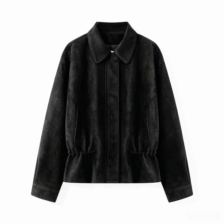 Dam Boxig Blouson Jacka Tillverkad av Suede-Like Material med Tailoring Tunnel och Dold Front